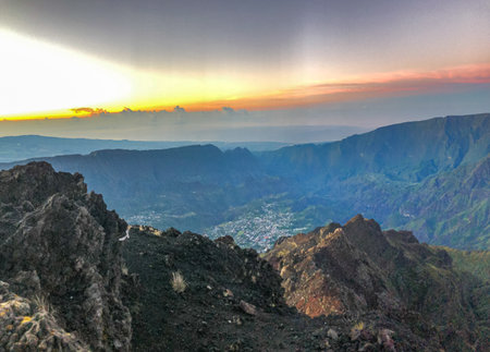 cirque de cilaos at sunset view from piton des neigesの写真素材