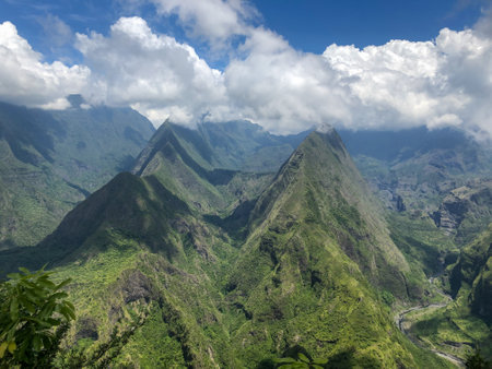 View on mountains of cirque de mafate at cap noir hiking trailの写真素材