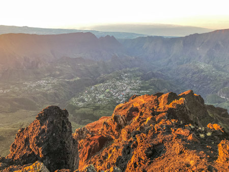 cirque de cilaos at sunset view from piton des neigesの写真素材