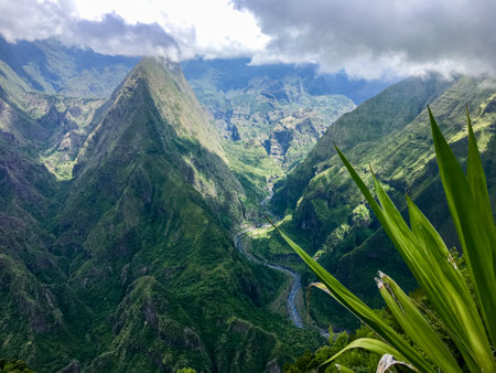 View on mountains of cirque de mafate at cap noir hiking trailの写真素材