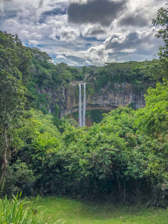 view on chamarel waterfall with jungle on mauritius islandの写真素材