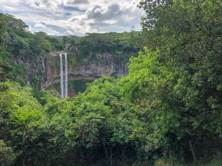 view on chamarel waterfall with jungle on mauritius islandの写真素材