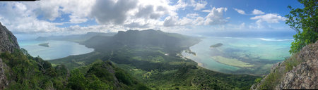 view on coast line from a trail to le morne mountain top on Mauritius islandの写真素材