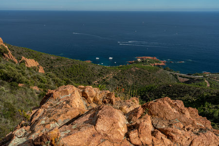 cap roux hiking trail In the red rocks of the Esterel mountains with the blue sea of the Mediterraneanの写真素材