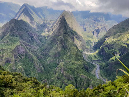 View on mountains of cirque de mafate at cap noir hiking trailの写真素材
