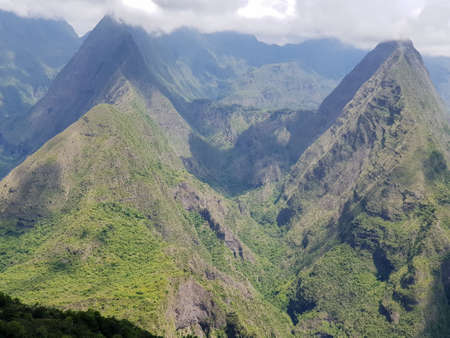 View on mountains of cirque de mafate at cap noir hiking trailの写真素材
