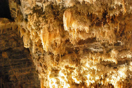 Stalactites and stalagmites in the cave of the Grandes Canalettes, France, Pyrenees-Orientales, Villefranche de Conflentの写真素材