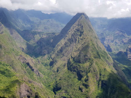 View on mountains of cirque de mafate at cap noir hiking trailの写真素材