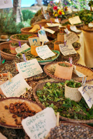 market stand with spices and herbes in saint paul on la reunion islandの写真素材