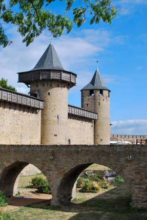 view of the medieval old town of carcassonne citadel and castle in france, aude departmentのeditorial素材