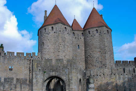 view of the medieval old town of carcassonne citadel and castle in france, aude departmentのeditorial素材
