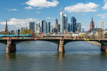 Frankfurt, Germany - March 31, 2020: frankfurt skyline view with ignas bubis bridgeのeditorial素材