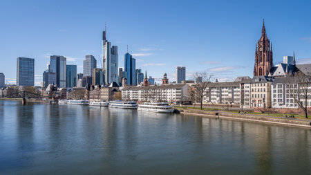 Frankfurt, Germany - March 31, 2020: view on frankfurt skyline and dom from main riverside during springtime, hesse, germanyのeditorial素材