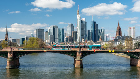 Frankfurt, Germany - March 31, 2020: frankfurt skyline view with ignas bubis bridgeのeditorial素材