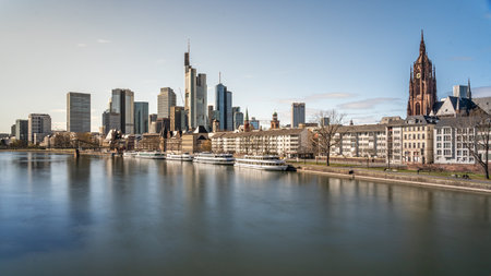 Frankfurt, Germany - March 31, 2020: view on frankfurt skyline and dom from main riverside during springtime, hesse, germanyのeditorial素材