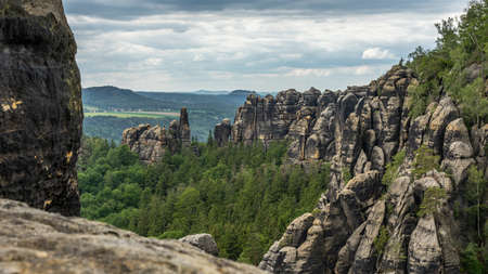 panoramic view of landscape in saxon switzerland on trail to schrammstein panorama, germany