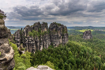 panoramic view on schrammstein rocks in saxon switzerland, germanyの写真素材