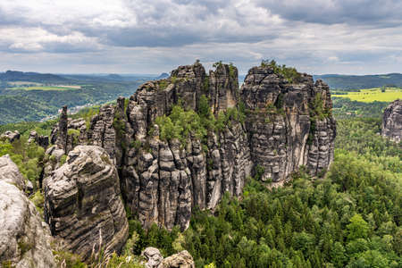 panoramic view on schrammstein rocks in saxon switzerland, germanyの写真素材