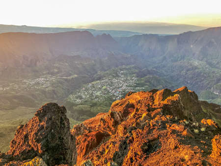 cirque de cilaos at sunset view from piton des neigesの写真素材