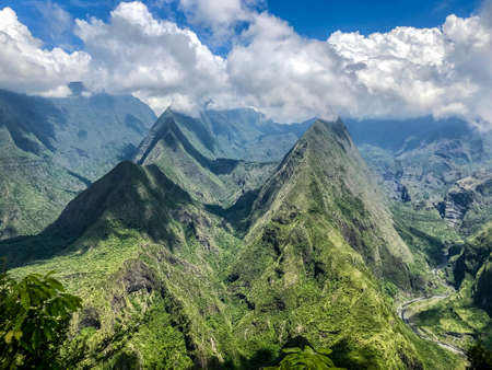 View on mountains of cirque de mafate at cap noir hiking trailの写真素材