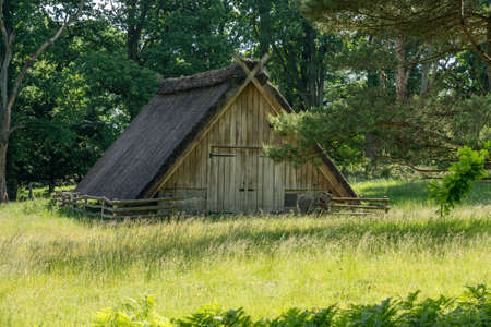 Characteristic stable for German moorland sheep with a straw roof in the natural preserve Lueneburger Heide, Germanyの写真素材