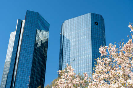 View on frankfurt skyline with bank towers (deutsche bank, deutsche bahn), germanyの写真素材