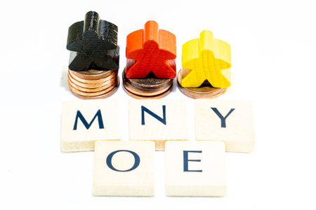 illustration of market with wood figurines, letters and coinsの写真素材