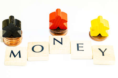 illustration of market with wood figurines, letters and coinsの写真素材
