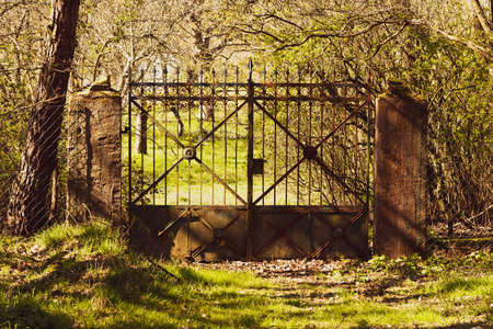 old vintage metal fence on a hiking trail to Rotenfels view point, HunsrÃ¼ck, Germanyの写真素材