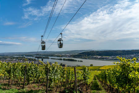 view on Cable car to Niederwald Monument rhine during fall in ruedesheim, middle rhine valley, germanyの写真素材