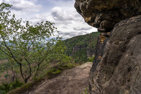 hiking trail to idagrotte in saxon switzerland, germanyの写真素材