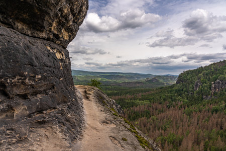 hiking trail to idagrotte in saxon switzerland, germanyの写真素材