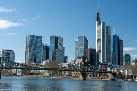 Frankfurt, Germany - March 31, 2020: frankfurt skyline view from main riverside in springtime, hesse, germanyのeditorial素材