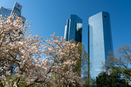 View on frankfurt skyline with bank towers (deutsche bank, deutsche bahn), germanyのeditorial素材