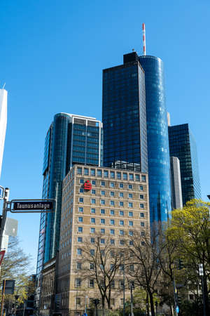 View on frankfurt skyline with bank towers (deutsche bank, deutsche bahn), germanyのeditorial素材