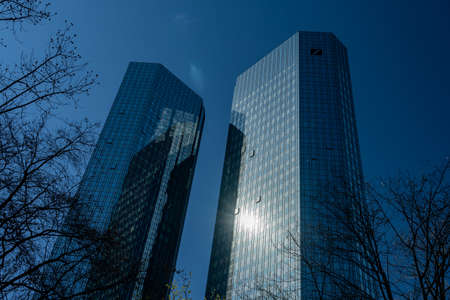 View on frankfurt skyline with bank towers (deutsche bank, deutsche bahn), germanyのeditorial素材