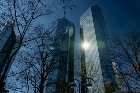 View on frankfurt skyline with bank towers (deutsche bank, deutsche bahn), germanyのeditorial素材