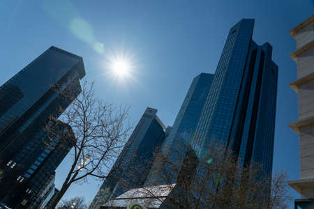 View on frankfurt skyline with bank towers (deutsche bank, deutsche bahn), germanyのeditorial素材