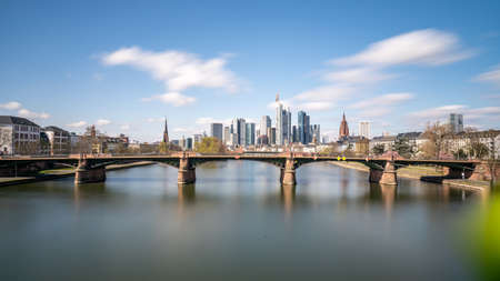 Frankfurt, Germany - March 31, 2020: frankfurt skyline view with ignas bubis bridgeのeditorial素材