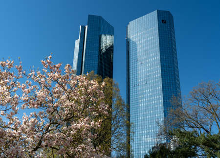 View on frankfurt skyline with bank towers (deutsche bank, deutsche bahn), germanyのeditorial素材