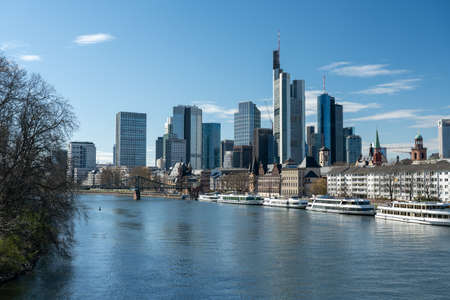 Frankfurt, Germany - March 31, 2020: frankfurt skyline view from main riverside in springtime, hesse, germanyのeditorial素材
