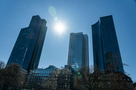 View on frankfurt skyline with bank towers (deutsche bank, deutsche bahn), germanyのeditorial素材