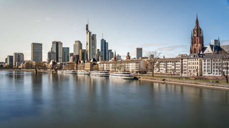 Frankfurt, Germany - March 31, 2020: view on frankfurt skyline and dom from main riverside during springtime, hesse, germanyのeditorial素材