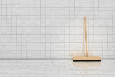 Broom on tile wall in 3Dの写真素材