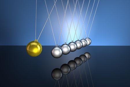 Newton's pendulum in action mirroring on black floor with light blue backgroundの写真素材