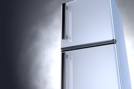 3D fridge with chrome handle and gray backgroundの写真素材