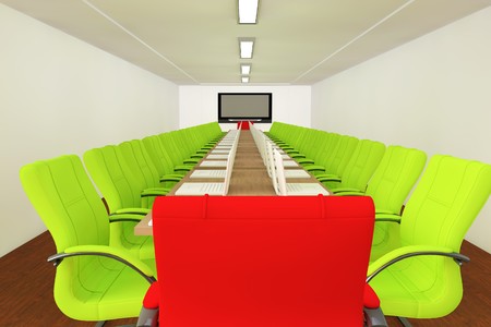 Conference room with empty chairs and televisionの写真素材