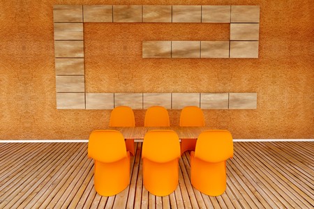 Six orange modern chairs with table on wooden floorの写真素材