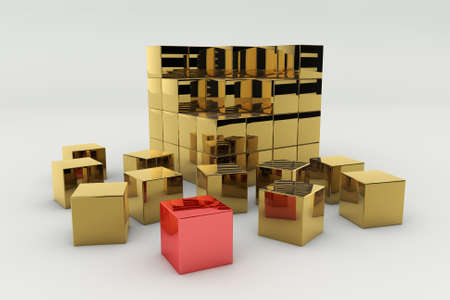 Abstract golden cubes with a red cubeの写真素材