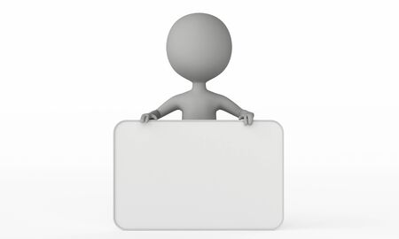 3d humanoid character with a empty board on whiteの写真素材